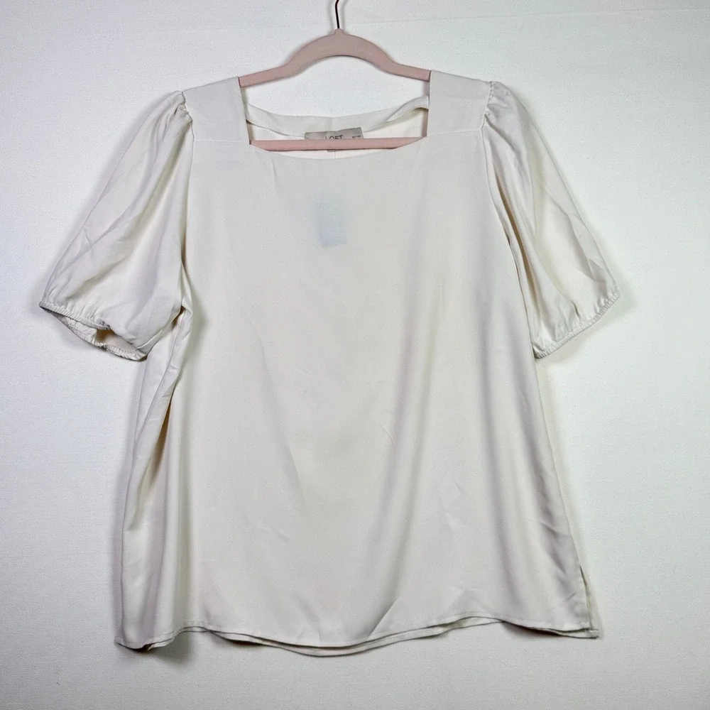 LOFT Ivory Square Neck Puff Sleeve Blouse LP